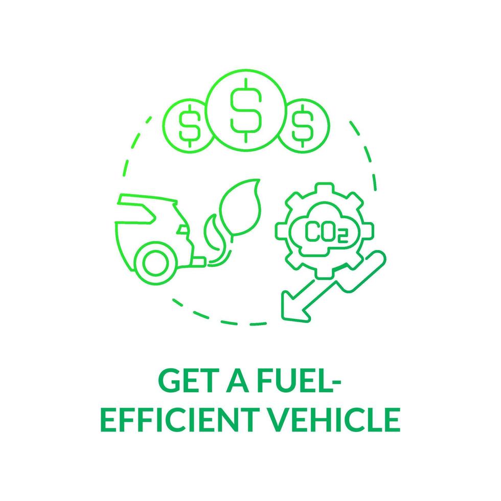 Get fuel efficient car green gradient concept icon. Climate change prevention abstract idea thin line illustration. Isolated outline drawing. Roboto-Medium, Myriad Pro-Bold fonts used vector