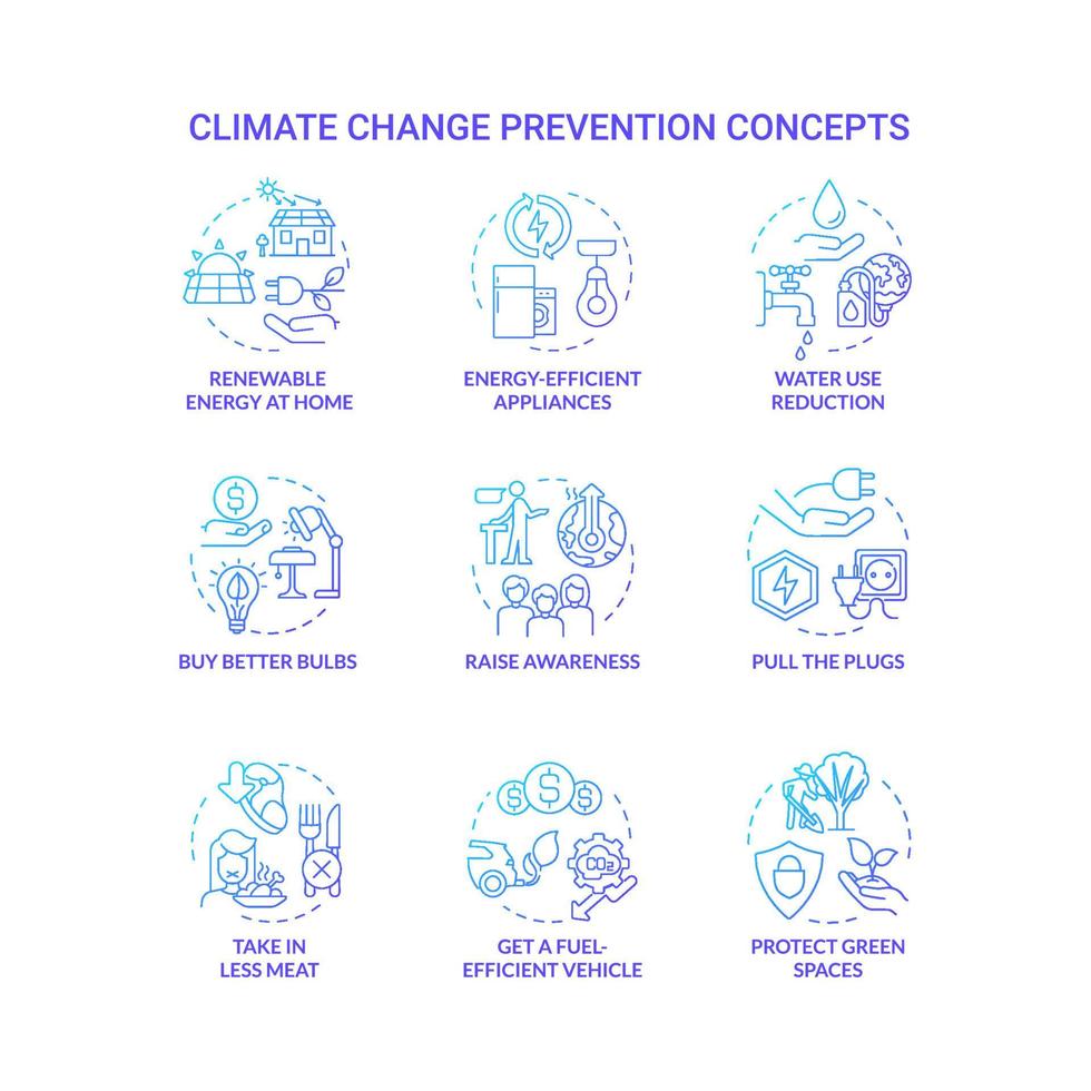 Climate change prevention blue gradient concept icons set. Avoid global warming idea thin line color illustrations. Isolated outline drawings. Roboto-Medium, Myriad Pro-Bold fonts used vector