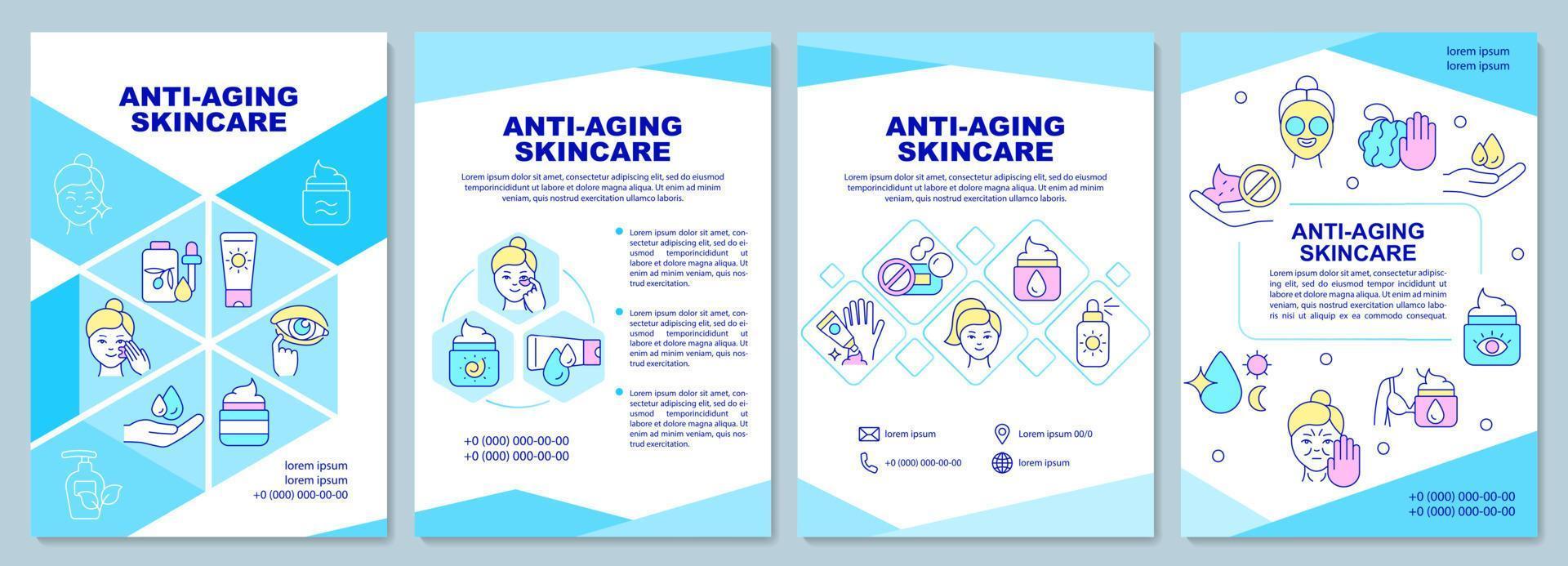 Anti-aging skincare blue brochure template. Smart ageing. Booklet print design with linear icons. Vector layouts for presentation, annual reports, ads. Arial-Black, Myriad Pro-Regular fonts used
