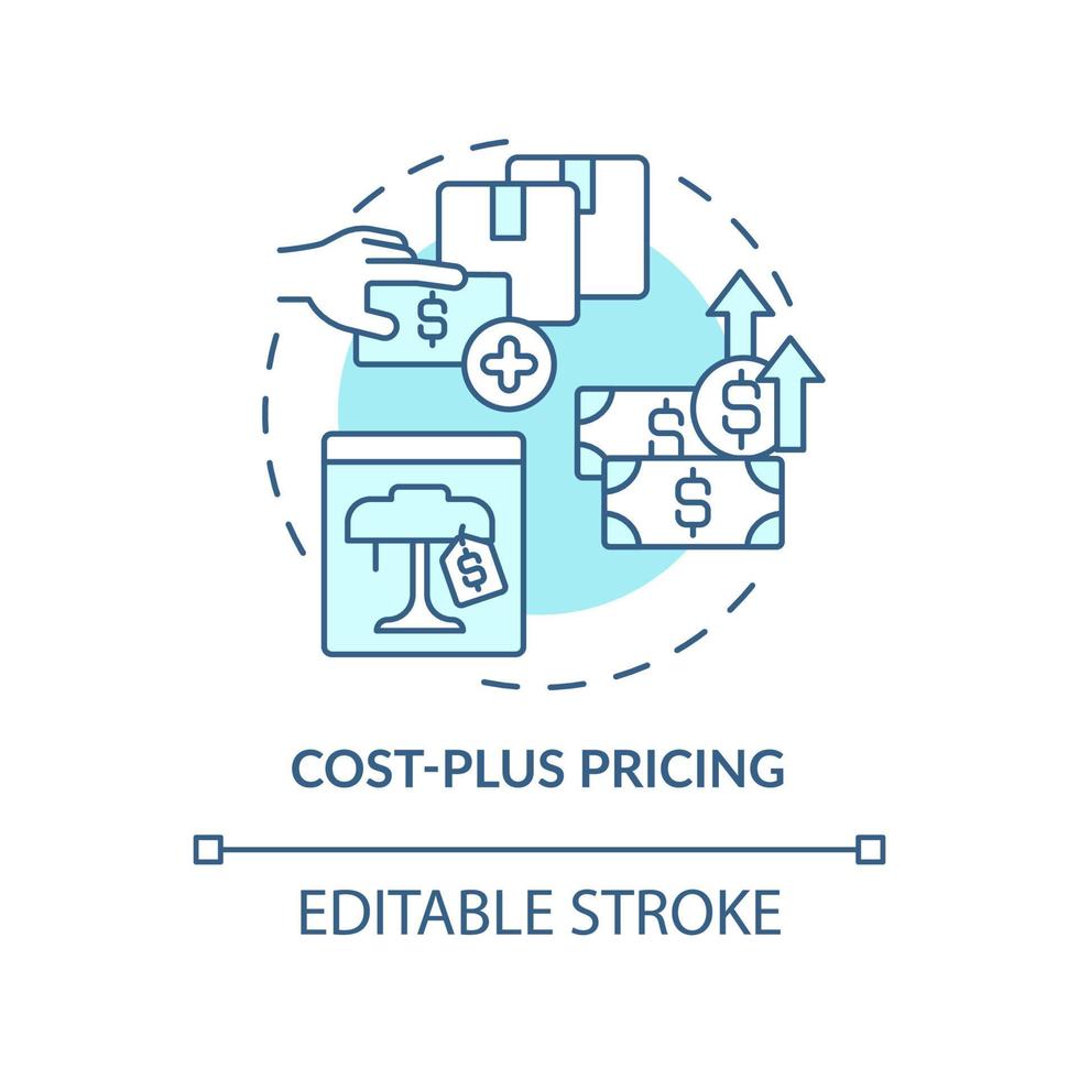 Cost-plus pricing turquoise concept icon. Adding profit percentage abstract idea thin line illustration. Isolated outline drawing. Editable stroke. Roboto-Medium, Myriad Pro-Bold fonts used vector