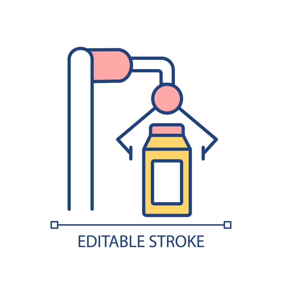 Beverage manufacturing RGB color icon. Milk and dairy product manufacturing. Automated equipment. Isolated vector illustration. Simple filled line drawing. Editable stroke. Arial font used