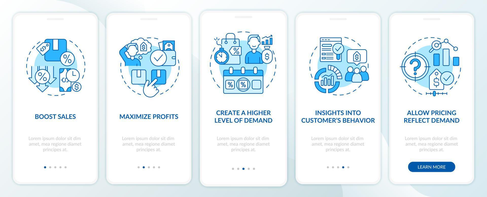 Dynamic pricing benefits blue onboarding mobile app screen. High demand walkthrough 5 steps graphic instructions pages with linear concepts. UI, UX, GUI template. Myriad Pro-Bold, Regular fonts used vector