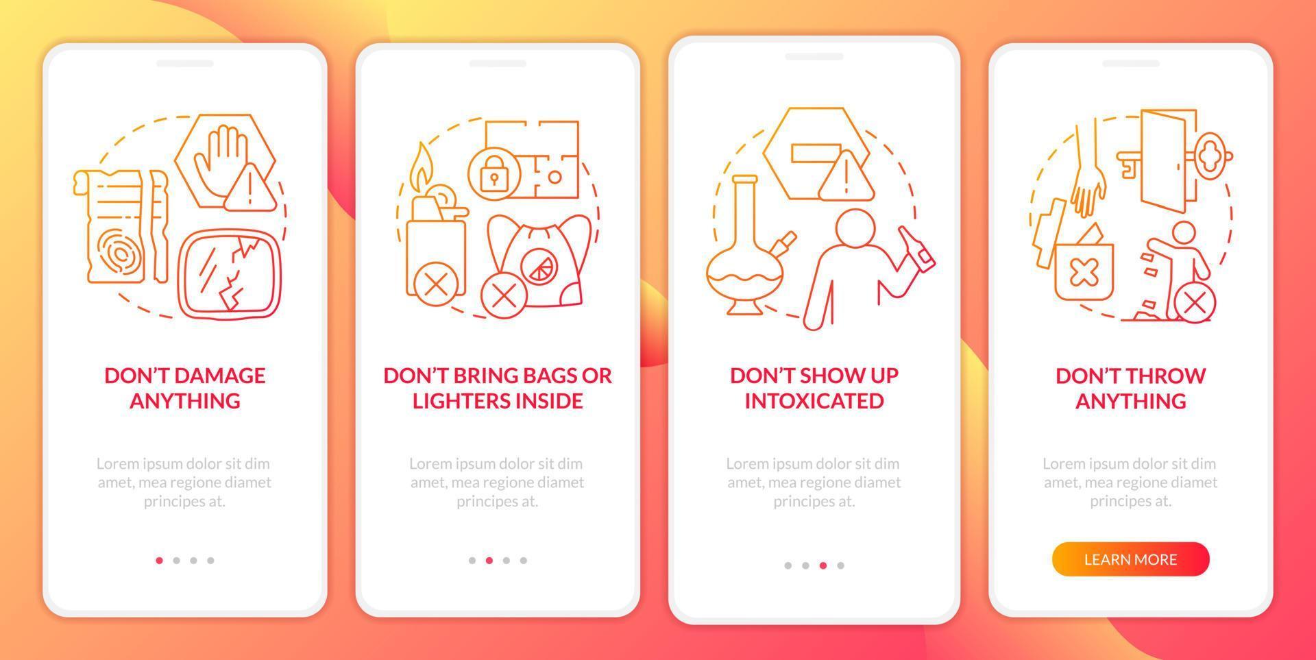 Escape room regulations red gradient onboarding mobile app screen. Walkthrough 4 steps graphic instructions pages with linear concepts. UI, UX, GUI template. Myriad Pro-Bold, Regular fonts used vector