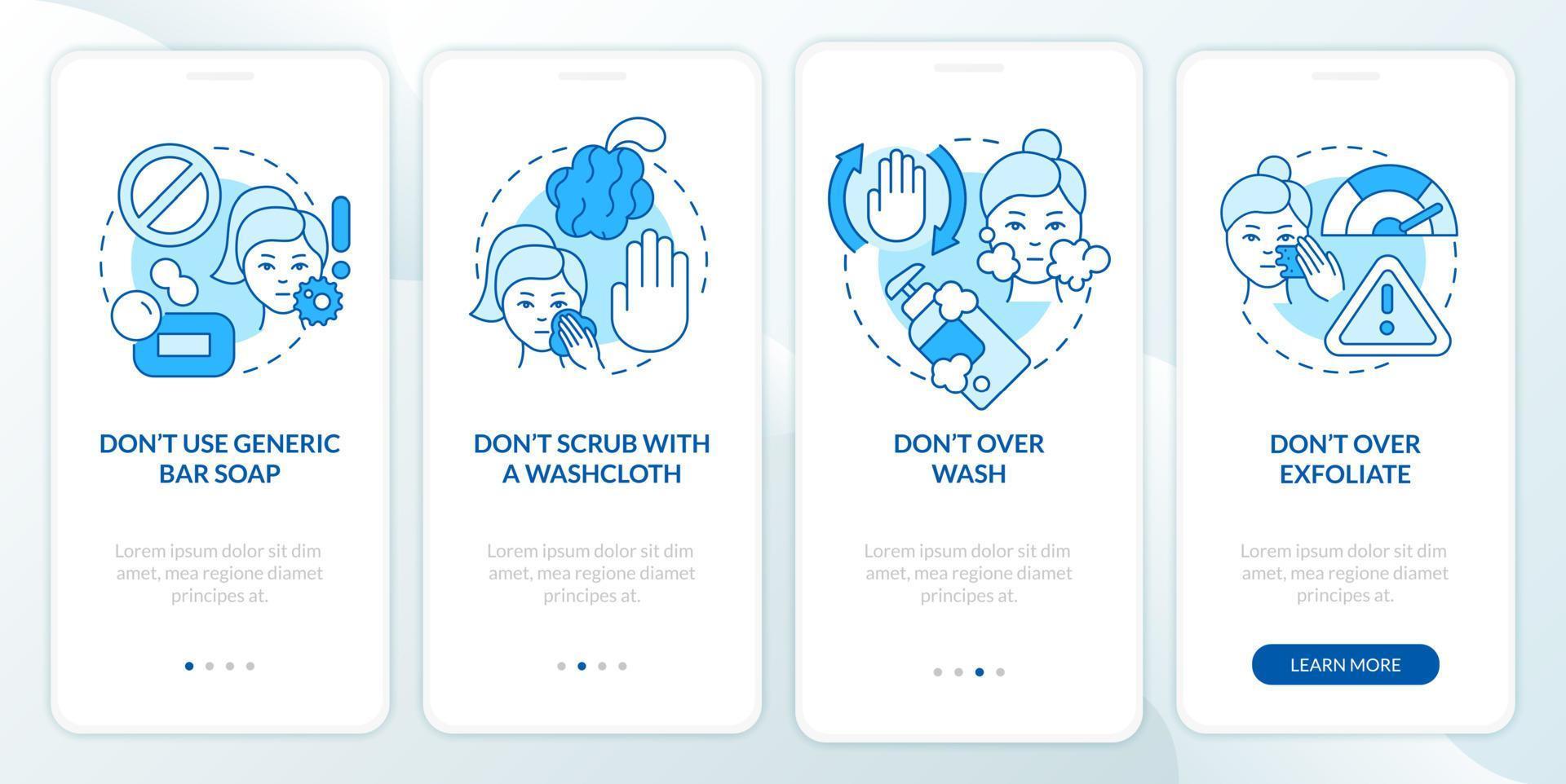 Skincare donts blue onboarding mobile app screen. Care advice walkthrough 4 steps graphic instructions pages with linear concepts. UI, UX, GUI template. Myriad Pro-Bold, Regular fonts used vector