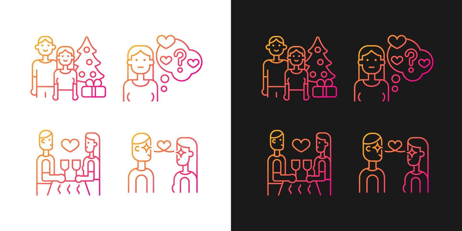 Couple in love gradient icons set for dark and light mode. Spending holidays. Doubting stage. Thin line contour symbols bundle. Isolated vector outline illustrations collection on black and white