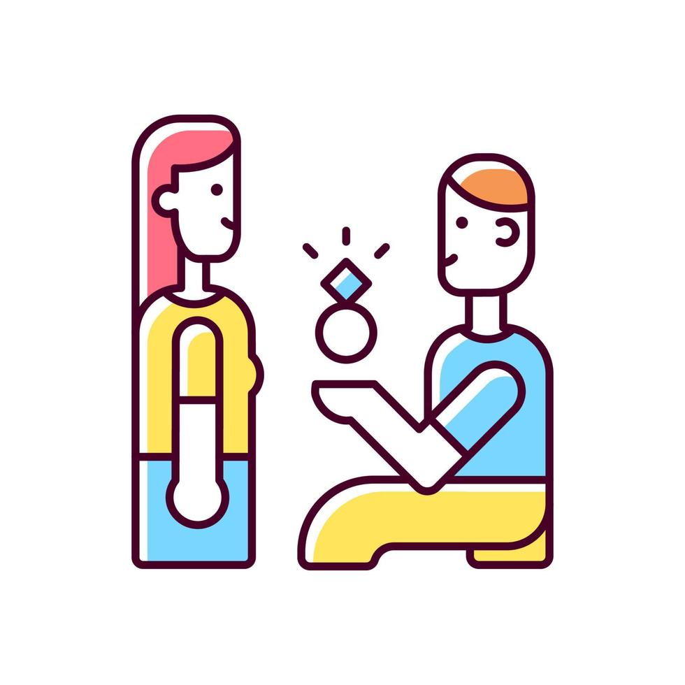 Making proposal RGB color icon. Romantic engagement. Will you marry me. Asking for hand in marriage. One knee proposal. Wedding ring. Isolated vector illustration. Simple filled line drawing