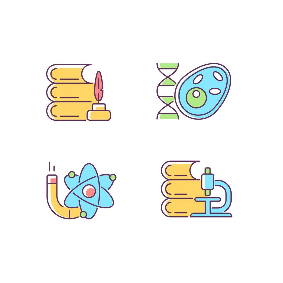 Diversity of subjects in school RGB color icons set. Humanities and applied sciences. Biology, physics, science lesson. Isolated vector illustrations. Simple filled line drawings collection