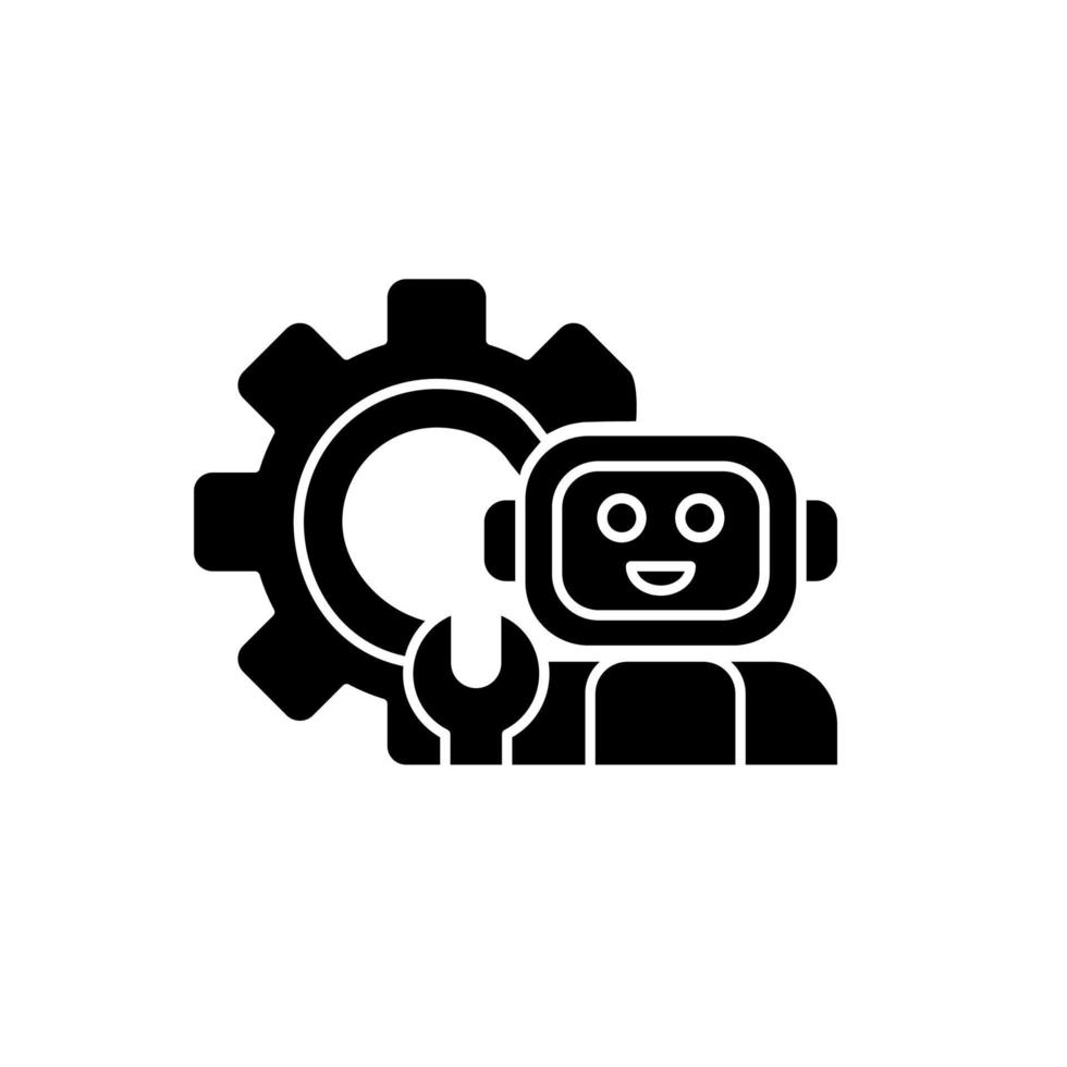 Technology black glyph icon. Robot with wrench against background of huge gear. Technology classes. Mechanisms study. Silhouette symbol on white space. Vector isolated illustration