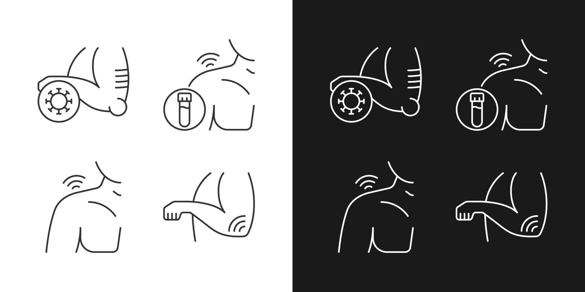 Shoulder and elbow pain linear icons set for dark and light mode. Autoimmune condition. Rheumatism blood test. Customizable thin line symbols. Isolated vector outline illustrations. Editable stroke