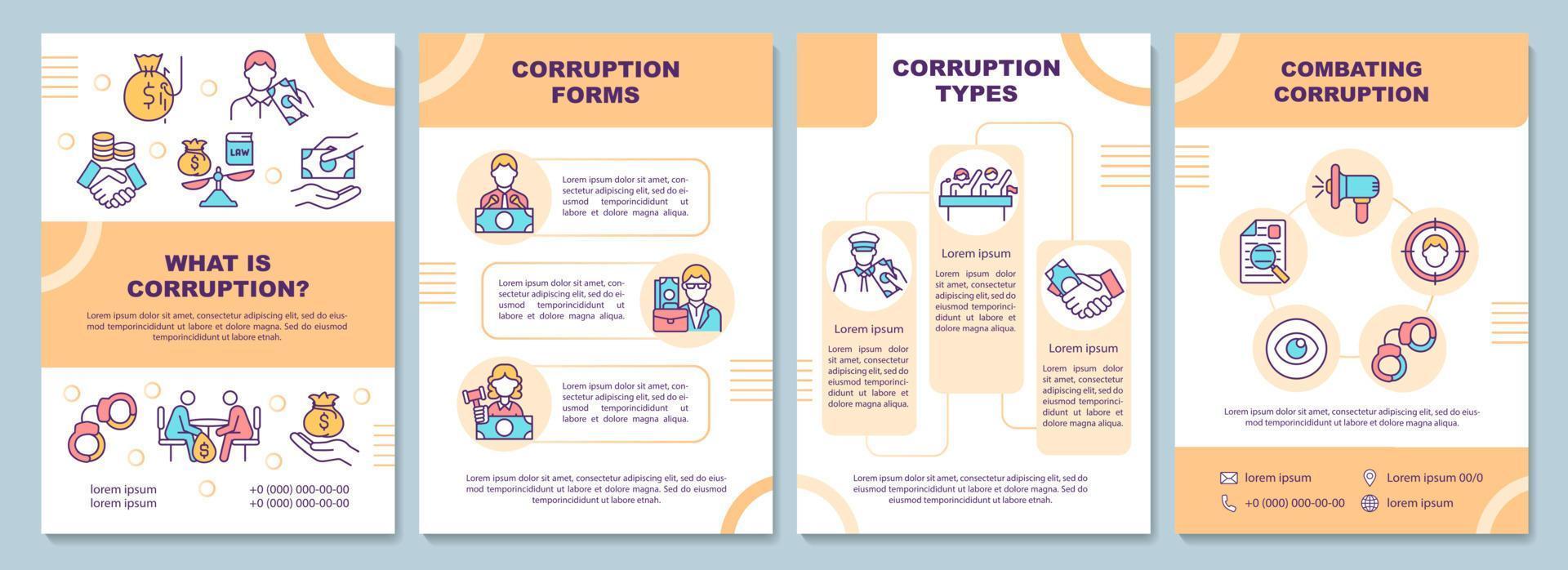 What is corruption brochure template. Fraus and bribary combat. Flyer, booklet, leaflet print, cover design with linear icons. Vector layouts for presentation, annual reports, advertisement pages