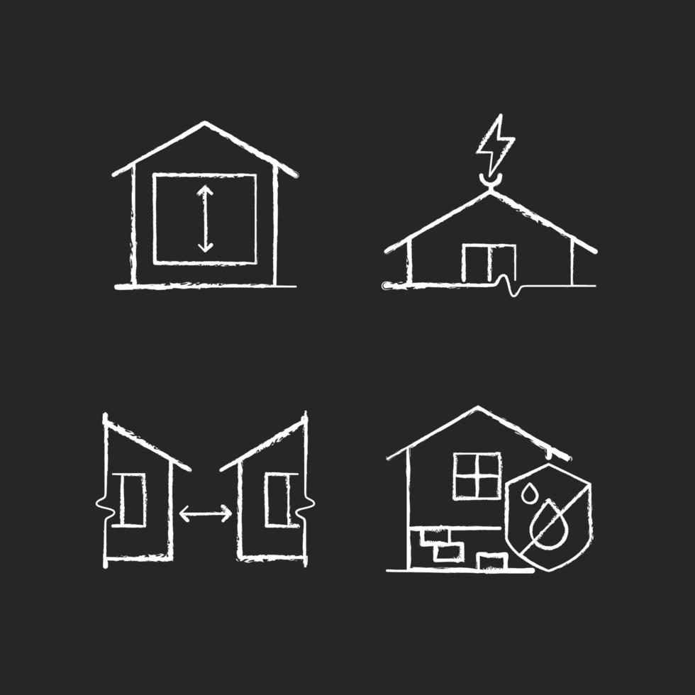 Building safe house chalk white icons set on dark background. Minimum ceiling heights. Lightning rod. Distance between buildings. Damp proofing. Isolated vector chalkboard illustrations on black