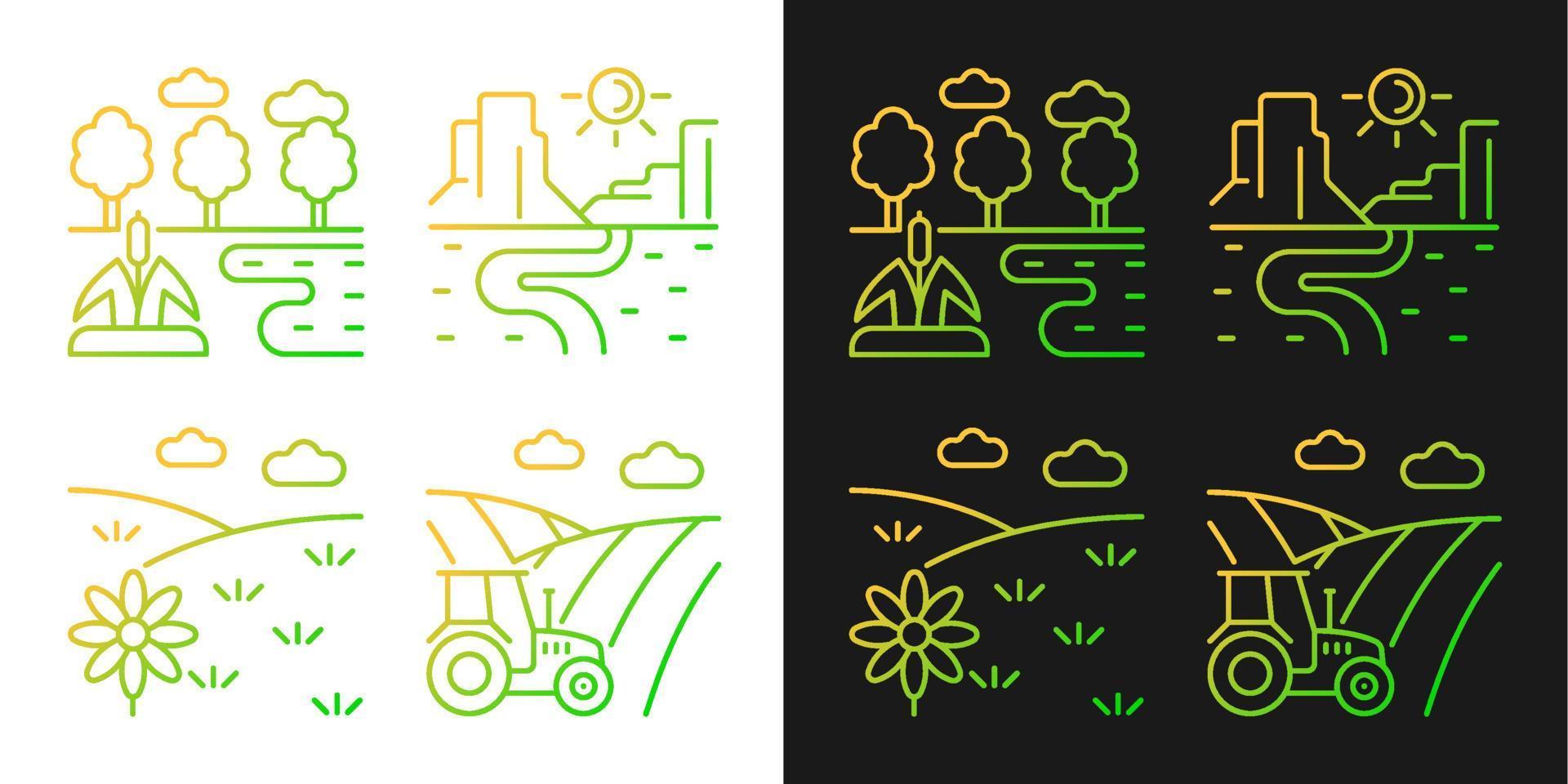 Diverse land types gradient icons set for dark and light mode. Cultivable soil. Agriculture. Thin line contour symbols bundle. Isolated vector outline illustrations collection on black and white