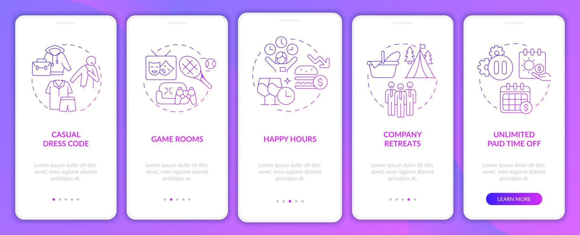 Working environment perks onboarding mobile app page screen. Company retreats walkthrough 5 steps graphic instructions with linear concepts. UI, UX, GUI template. Myriad Pro-Bold, Regular fonts used vector