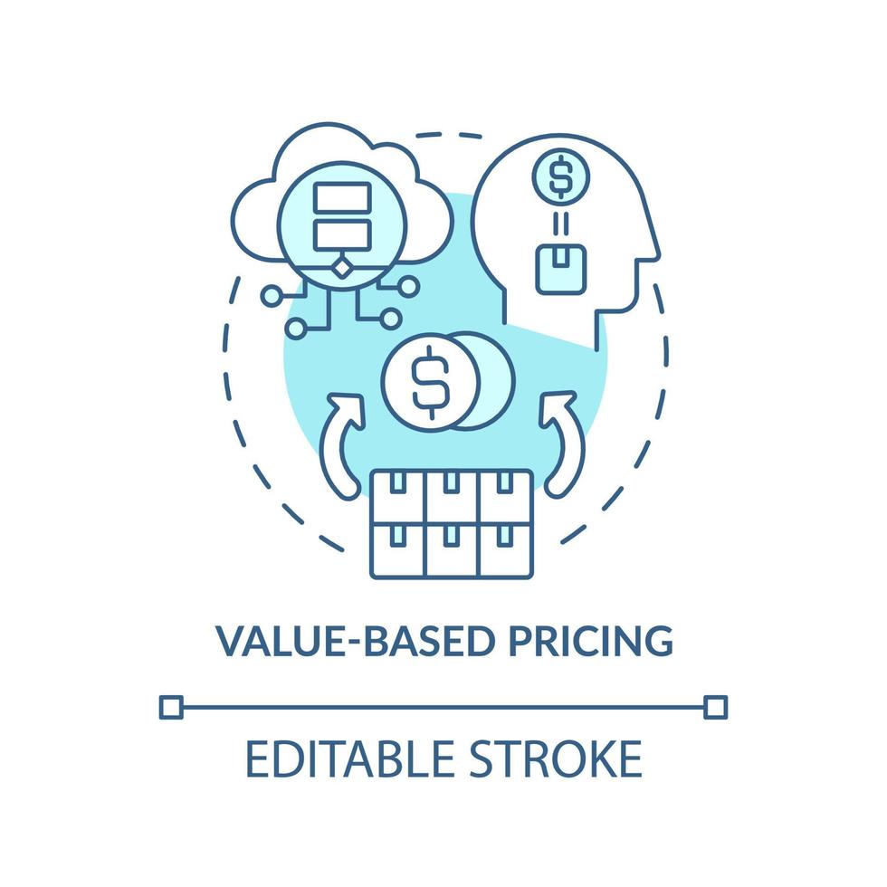 Value-based pricing turquoise concept icon. Strengthening brand name abstract idea thin line illustration. Isolated outline drawing. Editable stroke. Roboto-Medium, Myriad Pro-Bold fonts used vector