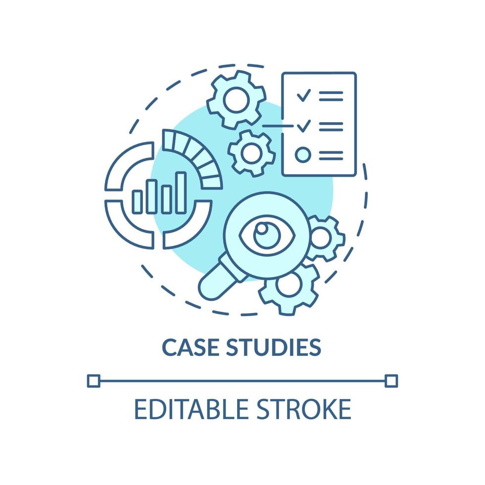 Case studies turquoise concept icon. Collecting advertising data. Marketing trend abstract idea thin line illustration. Isolated outline drawing. Editable stroke. Arial, Myriad Pro-Bold fonts used vector