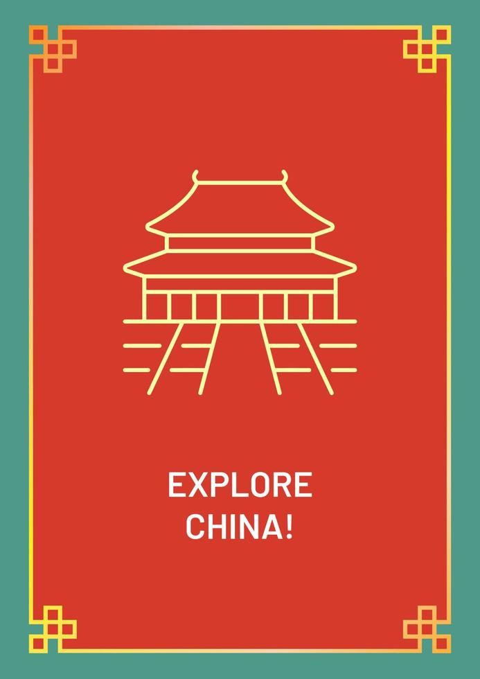Visit China postcard with linear glyph icon. Send travel card. Greeting card with decorative vector design. Simple style poster with creative lineart illustration. Flyer with holiday wish