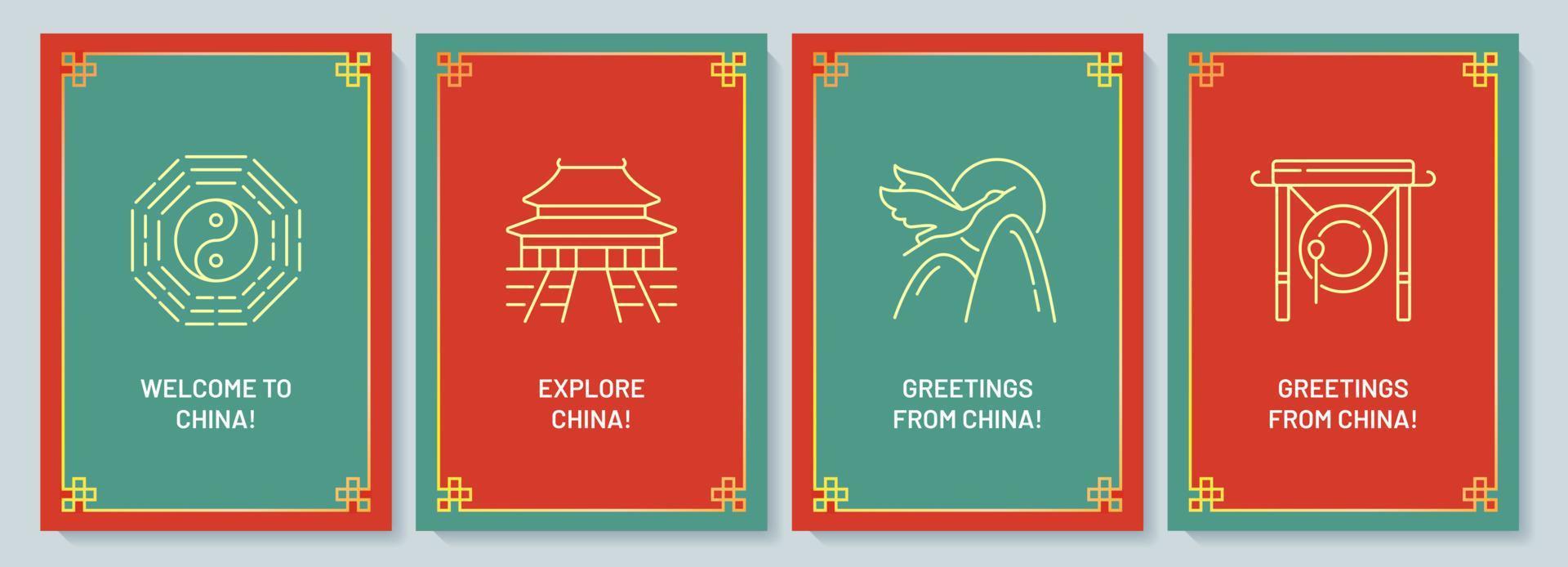 With love from China postcard with linear glyph icon set. Greeting card with decorative vector design. Simple style poster with creative lineart illustration. Flyer with holiday wish