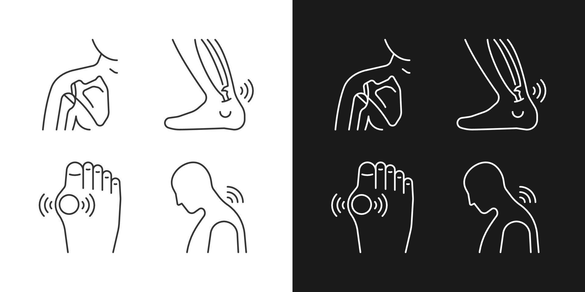 Musculoskeletal pain linear icons set for dark and light mode. Dislocated shoulder. Muscles overstretching. Customizable thin line symbols. Isolated vector outline illustrations. Editable stroke