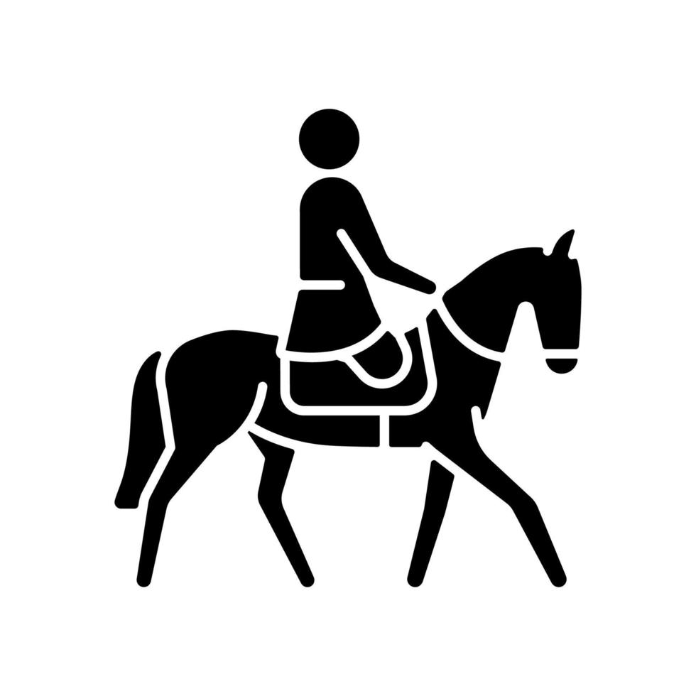Equestrian black glyph icon. Horseback riding demonstrative event. Horse racing competition. Athletes with physical disability. Silhouette symbol on white space. Vector isolated illustration