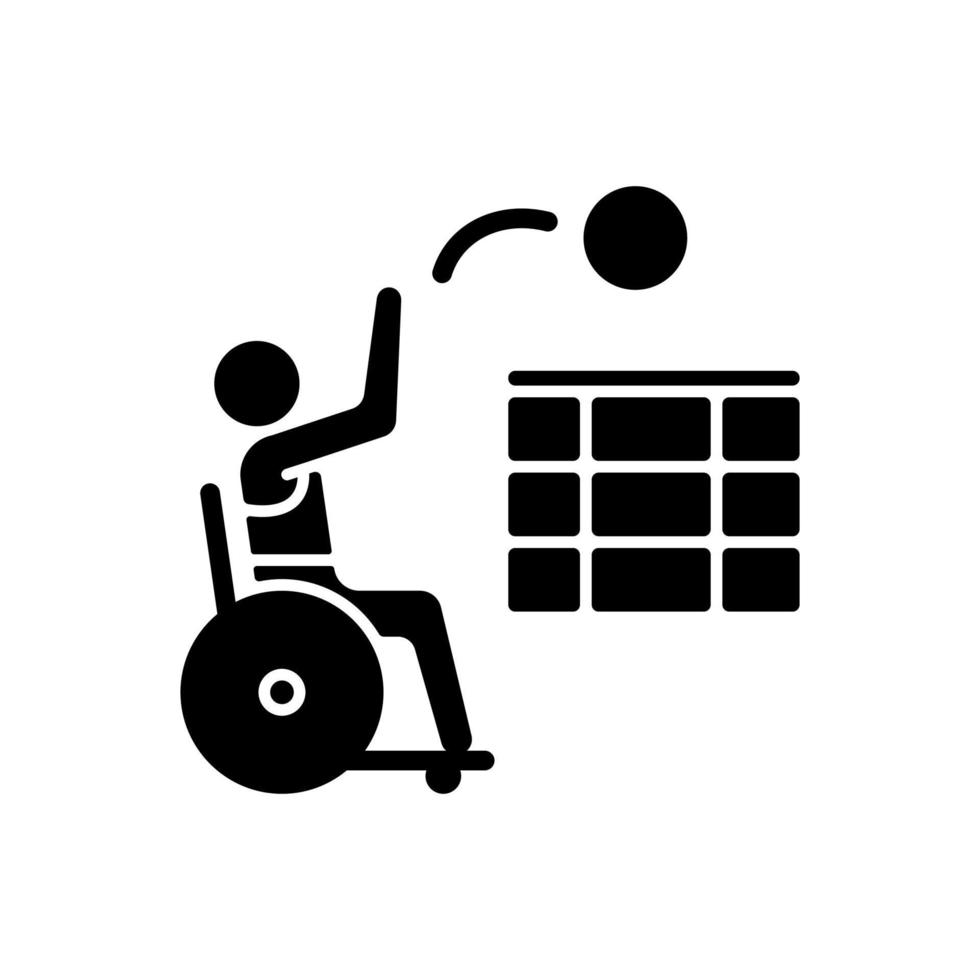 Wheelchair volleyball black glyph icon. Sitting athletes competition. Professional sport event. Ball game for team contest. Silhouette symbol on white space. Vector isolated illustration