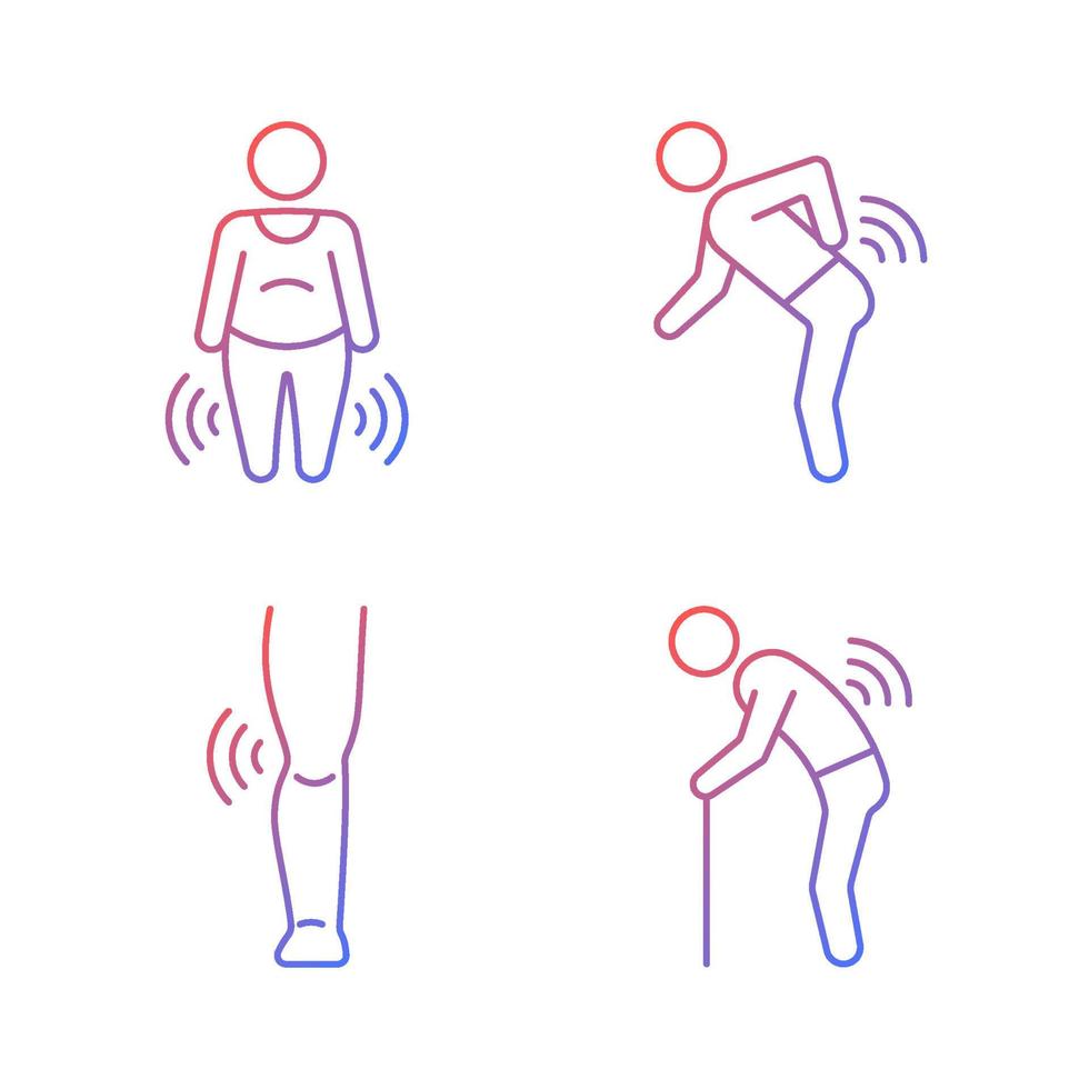Elderly patients with arthritis gradient linear vector icons set. Body weight. Back rheumatism. Joint damage in children. Thin line contour symbols bundle. Isolated outline illustrations collection