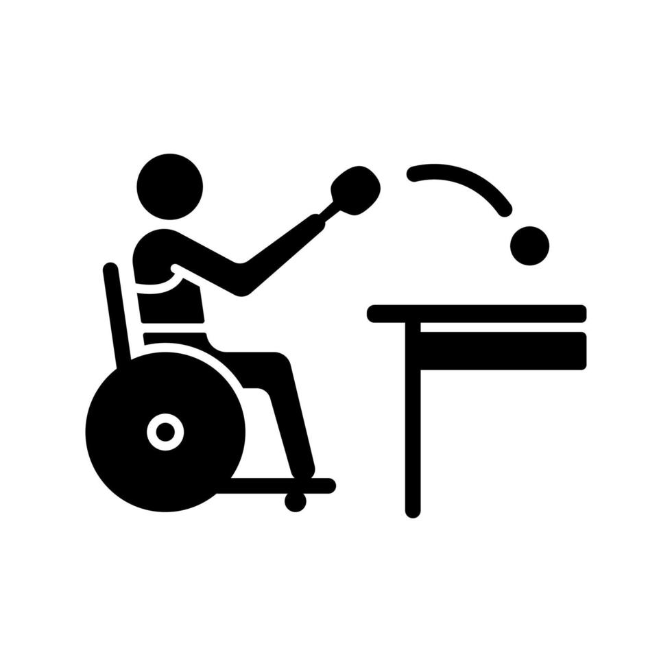 icono de glifo negro de tenis de mesa. actividad de juego de pelota interior. golpear la pelota ligera con la raqueta. deportista con discapacidad física. símbolo de silueta en el espacio en blanco. ilustración vectorial aislada vector