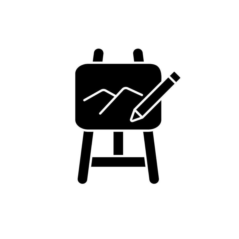 Art black glyph icon. Painting on drawing easel, pencil. Hands-on creative project in class. Art lessons in schools, universities. Silhouette symbol on white space. Vector isolated illustration