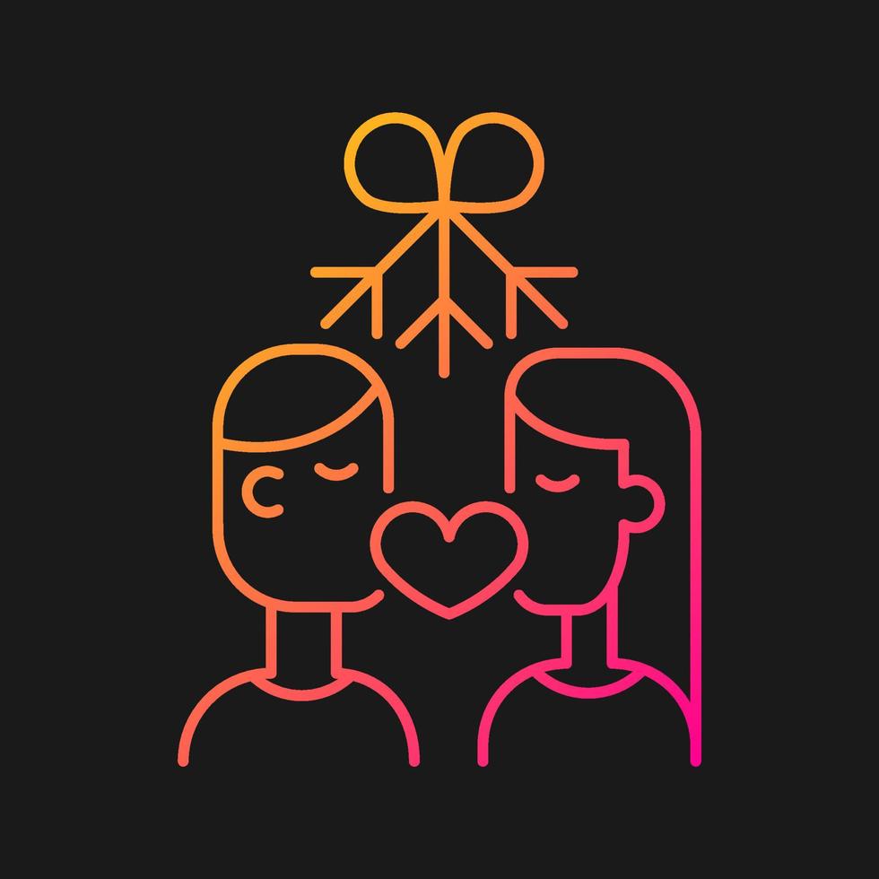 Couple kissing under mistletoe gradient vector icon for dark theme. Christmas mistletoe kiss tradition. Thin line color symbol. Modern style pictogram. Vector isolated outline drawing