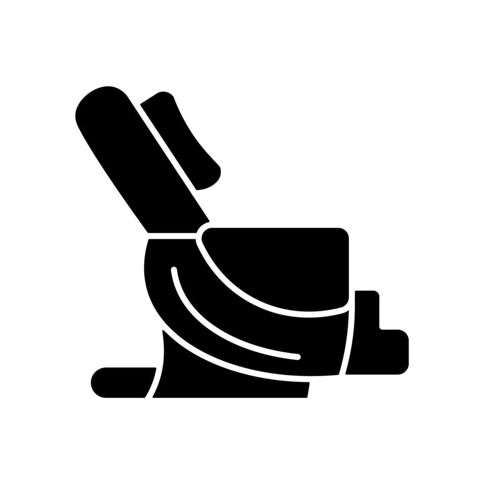 Massage chair black glyph icon. Massaging equipment. Spa salon, center. Muscle relieving. Back sore and pain reducing. Body care. Silhouette symbol on white space. Vector isolated illustration