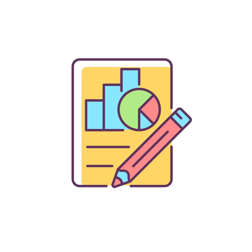 Economics RGB color icon. Graphs, diagrams, pencil. Plan, report preparation. Economics education in schools, universities. Isolated vector illustration. Simple filled line drawing