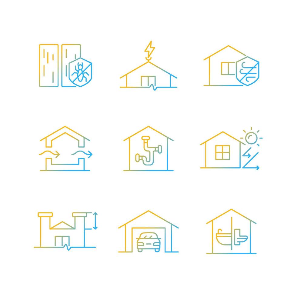 Home building standards gradient linear vector icons set. Pest management. Lightning rod. Weather resistance. Ventilation. Thin line contour symbols bundle. Isolated outline illustrations collection
