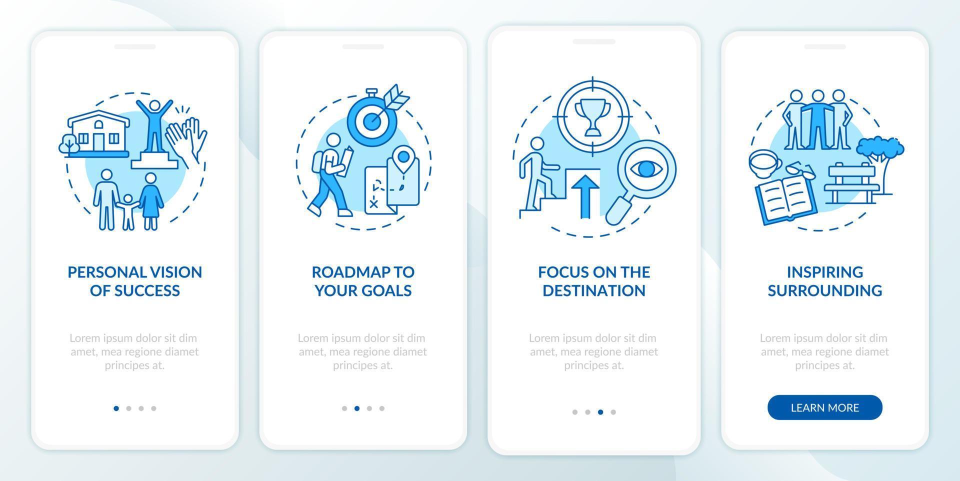 Happiness mindset components blue onboarding mobile app page screen. Success walkthrough 4 steps graphic instructions with concepts. UI, UX, GUI vector template with linear color illustrations