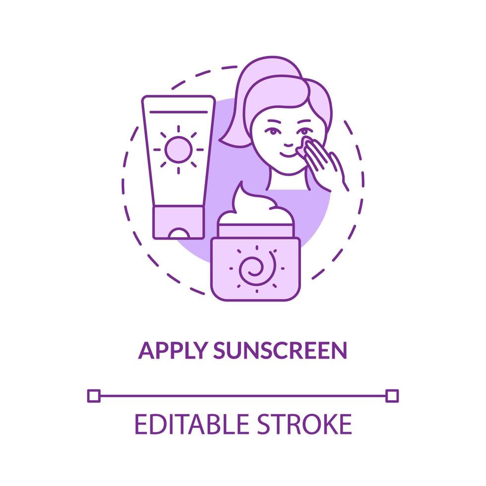 Apply sunscreen purple concept icon. Skin protection against ultraviolet abstract idea thin line illustration. Isolated outline drawing. Editable stroke. Roboto-Medium, Myriad Pro-Bold fonts used vector