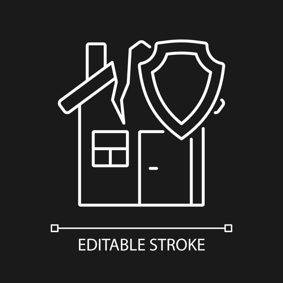 Earthquake home insurance white linear icon for dark theme. Safety from disaster. Thin line customizable illustration. Isolated vector contour symbol for night mode. Editable stroke. Arial font used