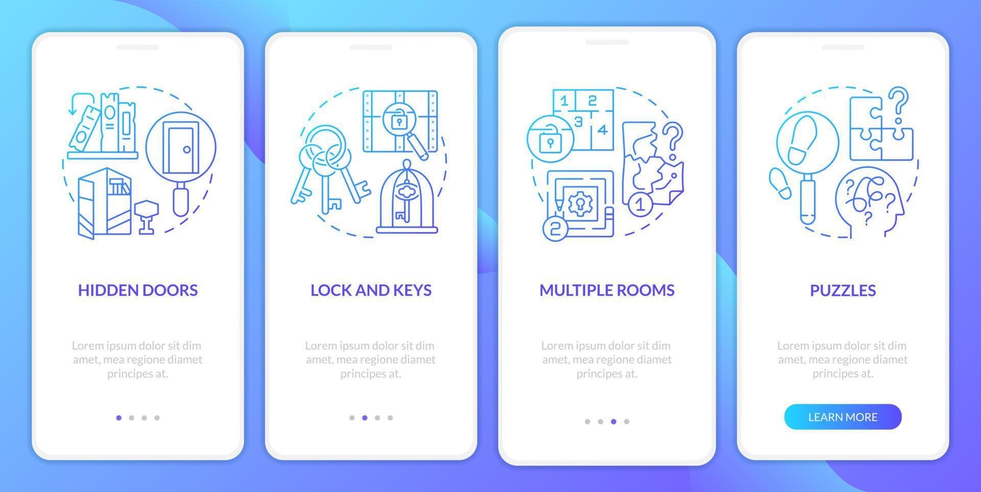 Escape room aspects blue gradient onboarding mobile app screen. Walkthrough 4 steps graphic instructions pages with linear concepts. UI, UX, GUI template. Myriad Pro-Bold, Regular fonts used vector