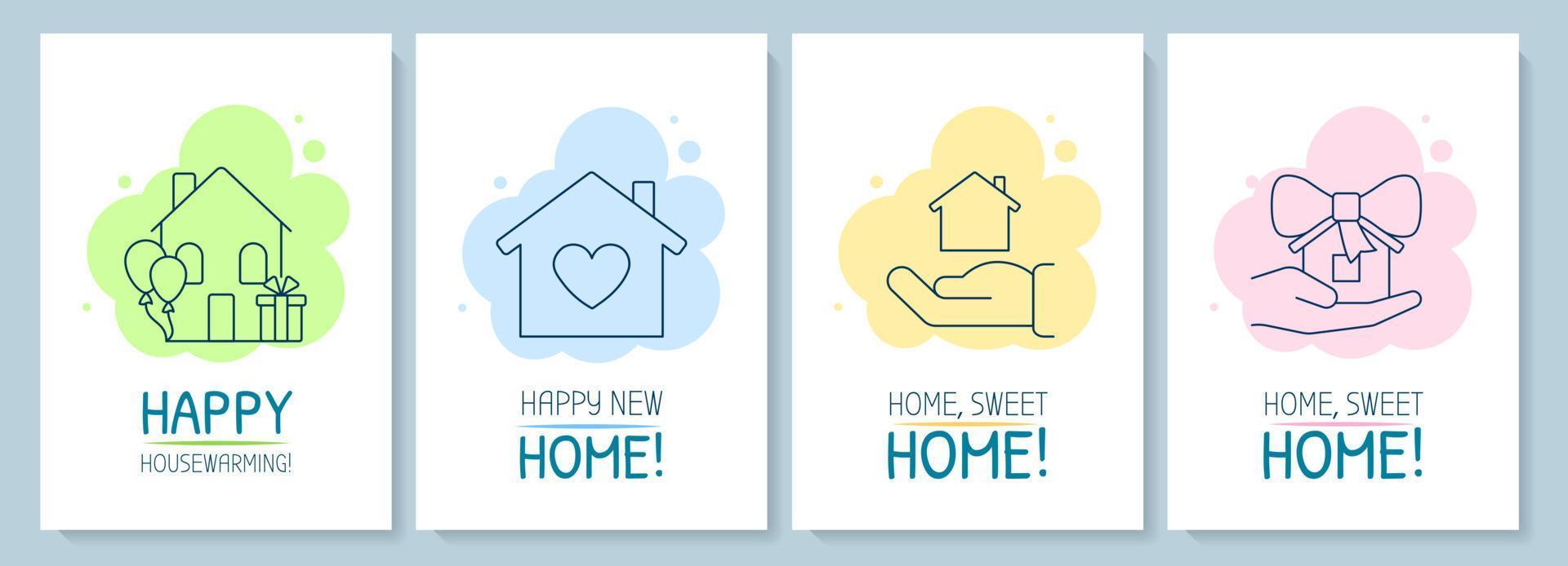 Congrats on happy housewarming postcard with linear glyph icon set. Greeting card with decorative vector design. Simple style poster with creative lineart illustration. Flyer with holiday wish