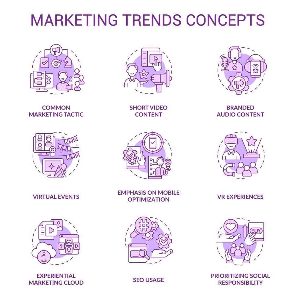 Marketing trends purple concept icons set. Product promotion innovation. Customer engaging idea thin line color illustrations. Isolated symbols. Roboto-Medium, Myriad Pro-Bold fonts used vector