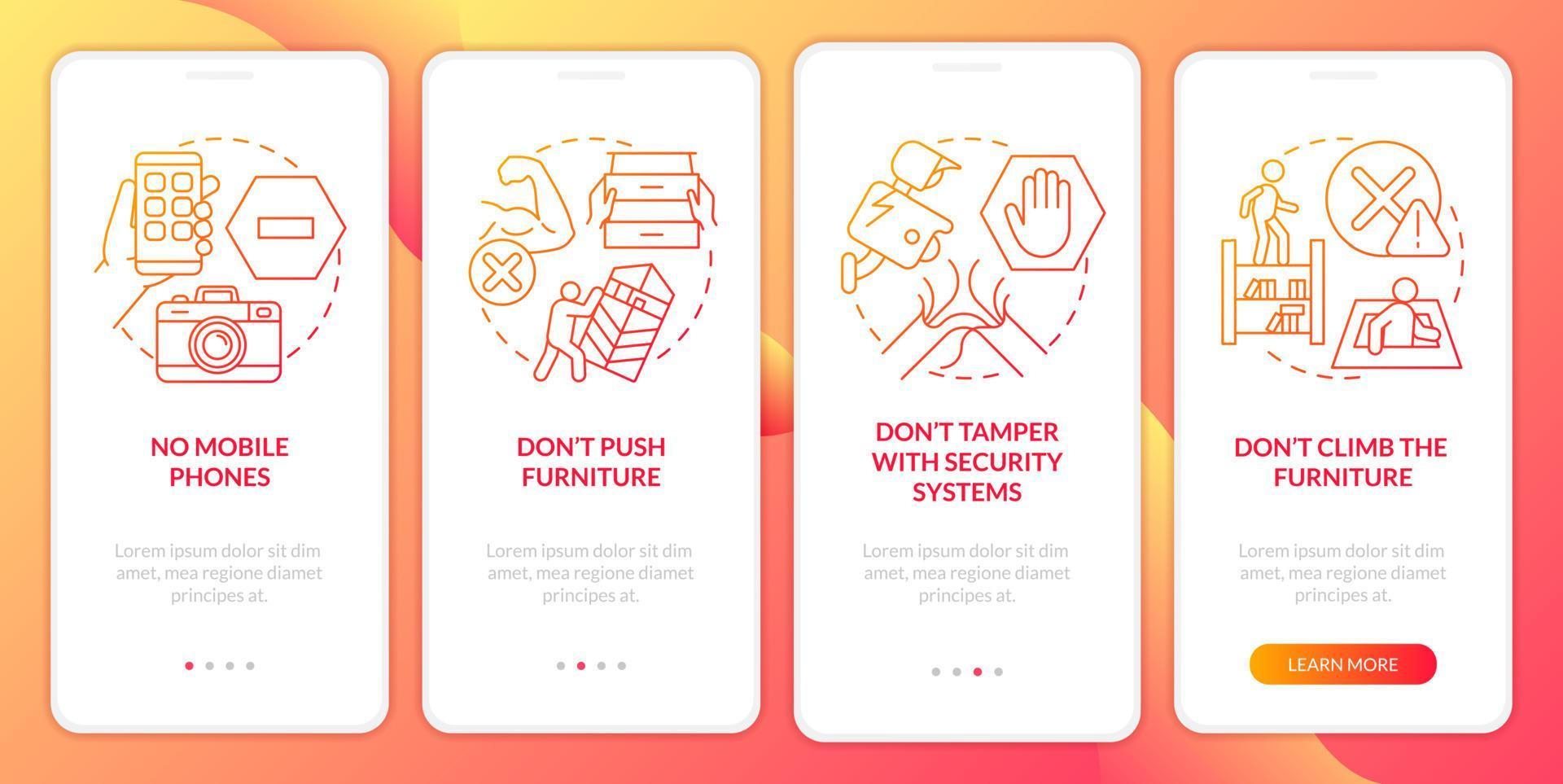 Escape room safety precautions red gradient onboarding mobile app screen. Walkthrough 4 steps graphic instructions pages with linear concepts. UI, UX, GUI template. Myriad Pro-Bold, Regular fonts used vector
