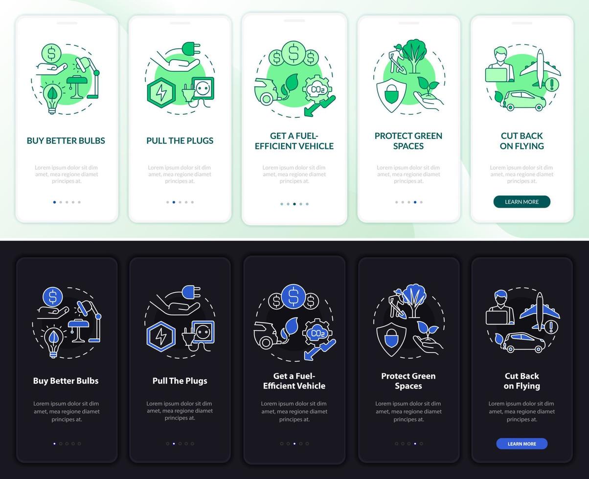 Air pollution prevention night, day mode onboarding mobile app screen. Walkthrough 5 steps graphic instructions pages with linear concepts. UI, UX, GUI template. Myriad Pro-Bold, Regular fonts used vector