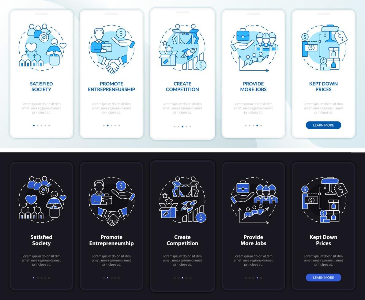 Market economy advantages night, day mode onboarding mobile app screen. Walkthrough 5 steps graphic instructions pages with linear concepts. UI, UX, GUI template. Myriad Pro-Bold, Regular fonts used vector