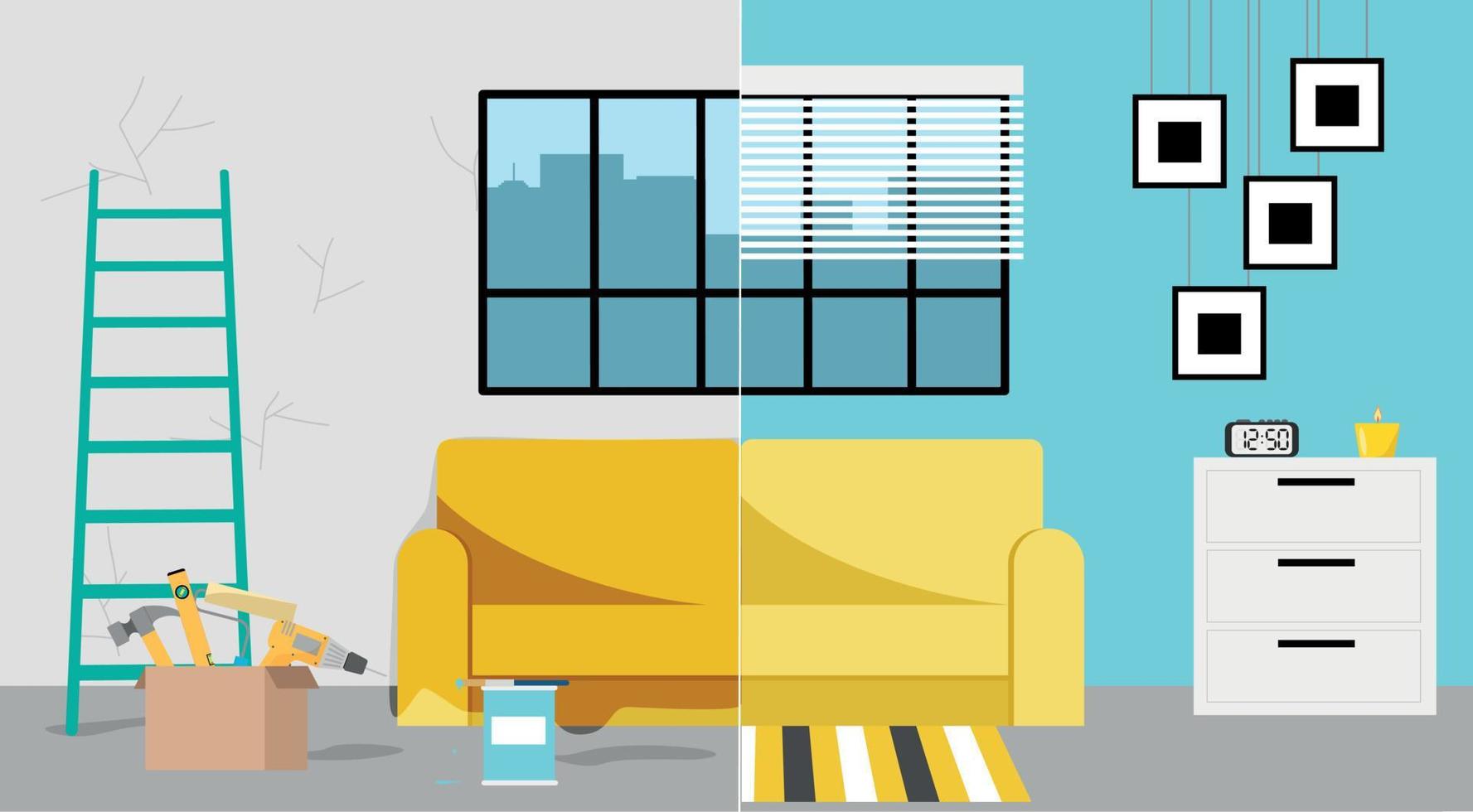 habitación antes y después de la reparación. renovación de interiores de casas. estilo plano, ilustración vectorial. vector