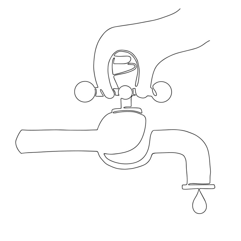 Hand opens the faucet. A drop dripping from a faucet. Hand-drawn illustration. Line art. vector