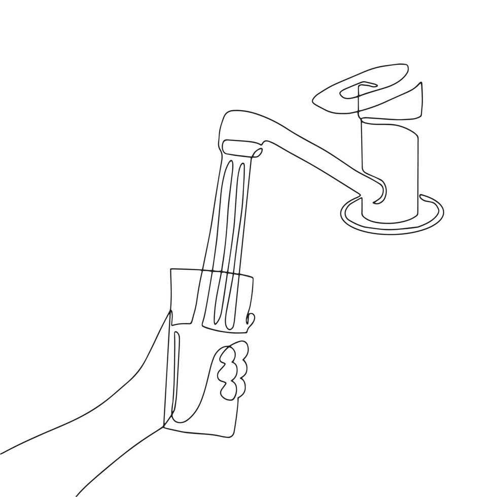 Hand holding a glass. Water runs from the faucet. Hand-drawn illustration. Line art. vector