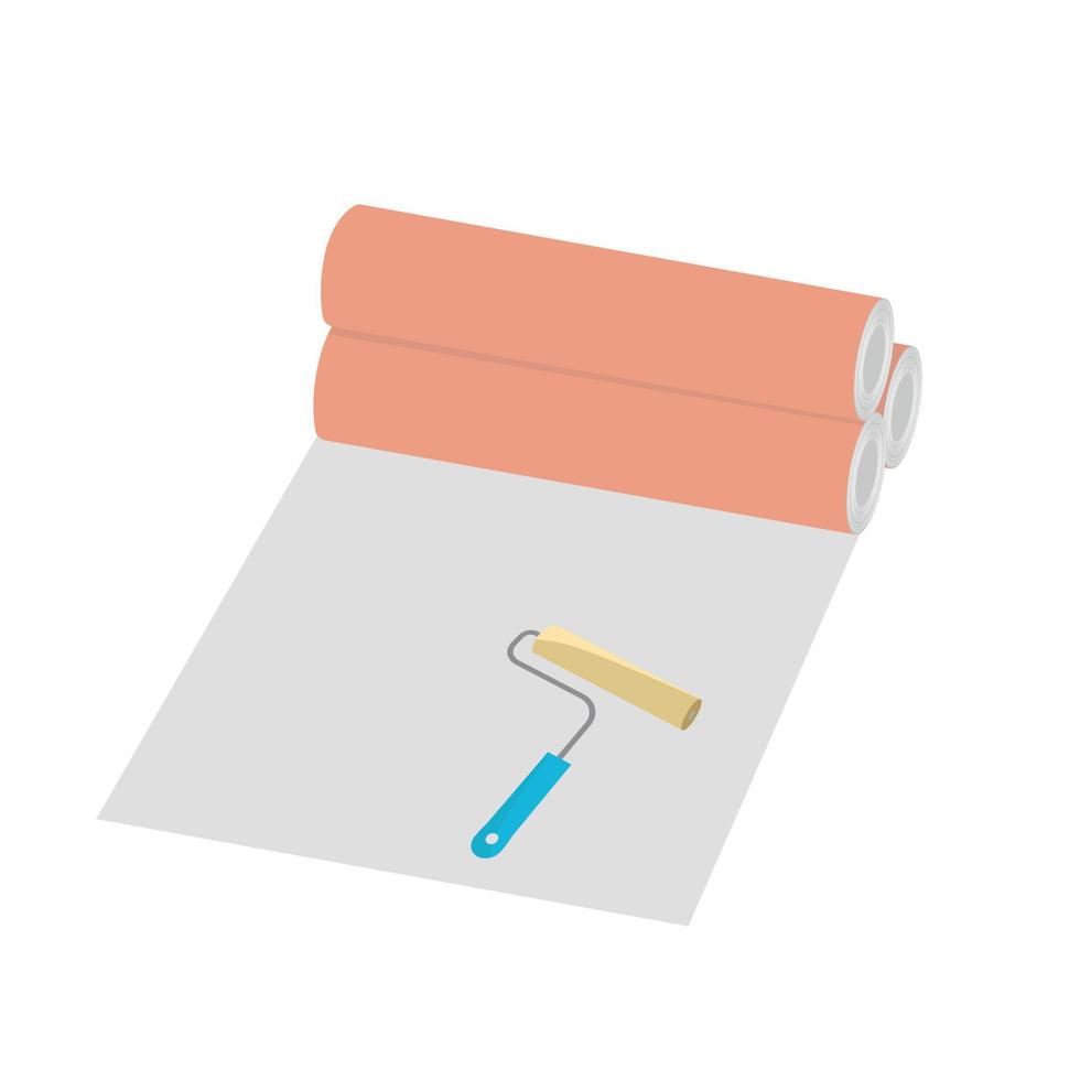 Roll of wallpaper and paint roller. Wallpaper sticking. Renovation and reconstruction. vector