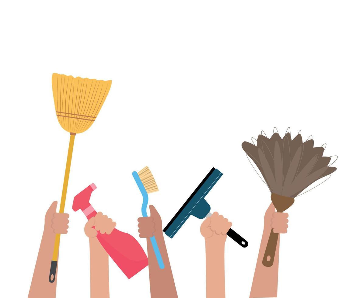 Hands holding items for cleaning. Brush, broom, spray gun, window scraper vector