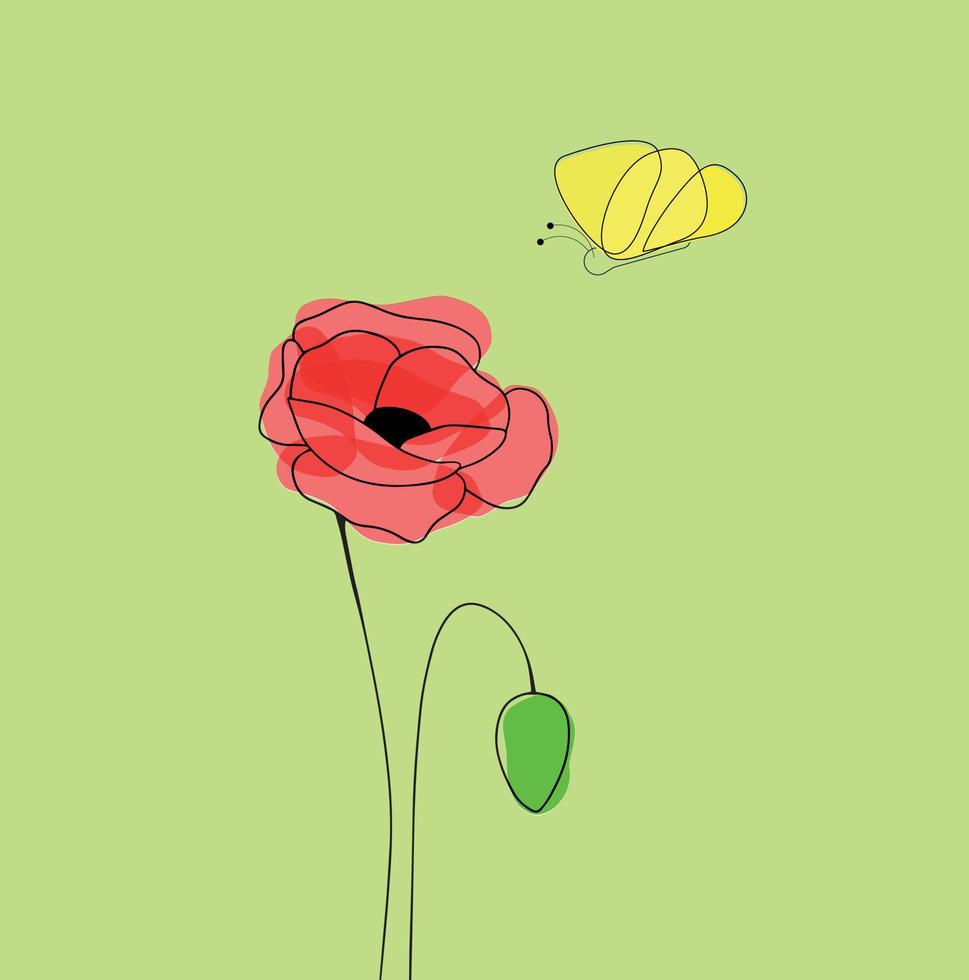 amapola roja y mariposa amarilla. ilustración vectorial vector