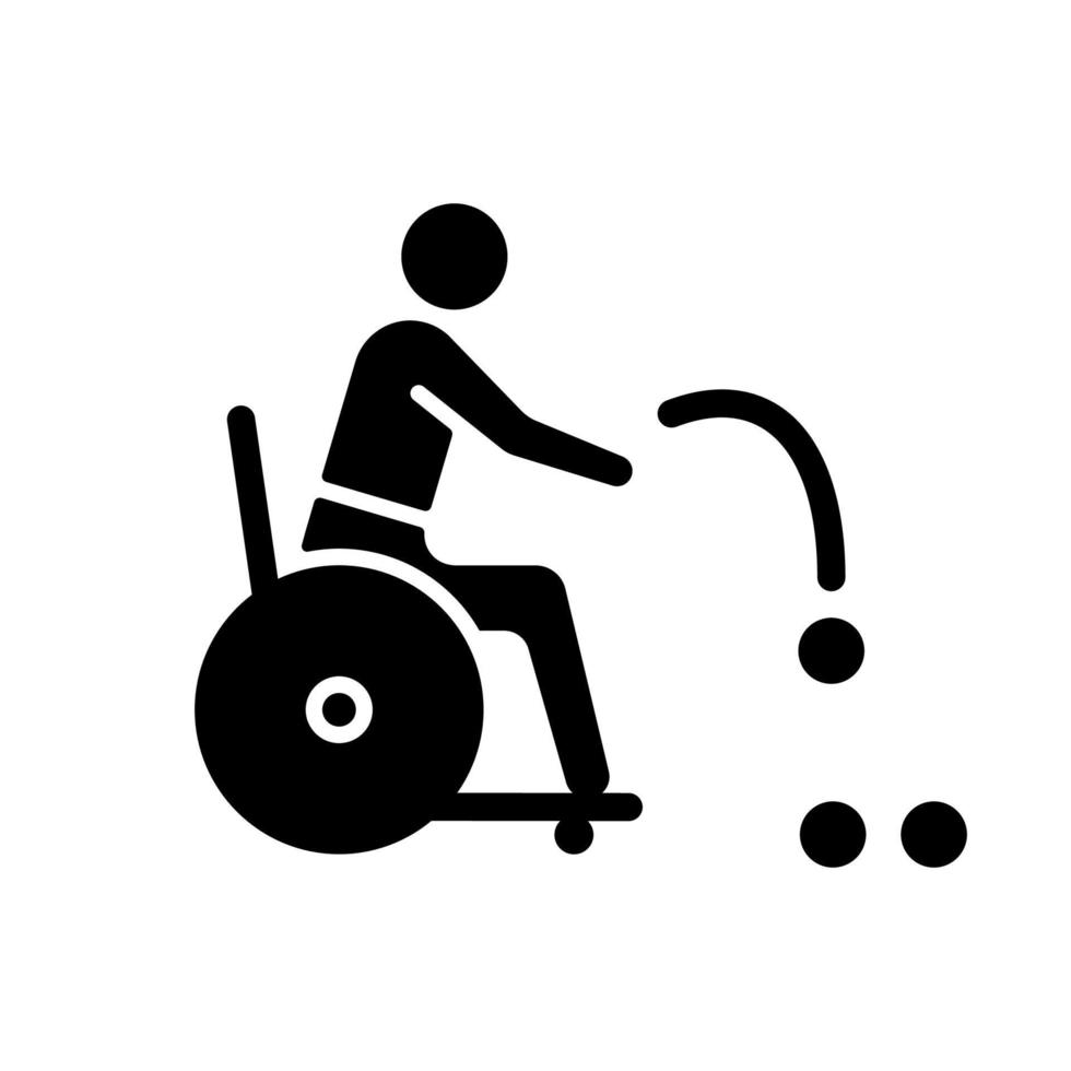 Boccia black glyph icon. Precision ball throwing sport. Individual and team competitive game. Sportsman with physical disability. Silhouette symbol on white space. Vector isolated illustration