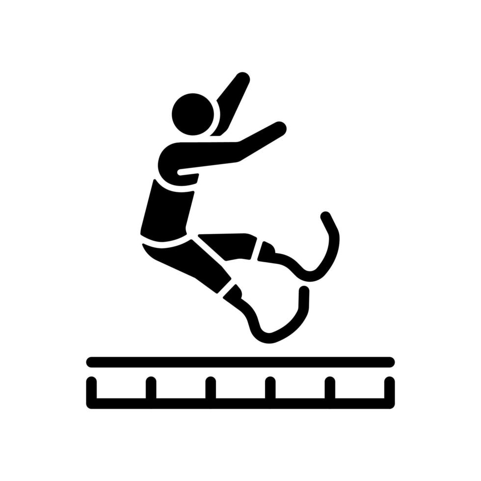 Long jump black glyph icon. Athletes compete jumping for distance. Horizontal jump. Track and field sports. Sportsman with prosthesis. Silhouette symbol on white space. Vector isolated illustration