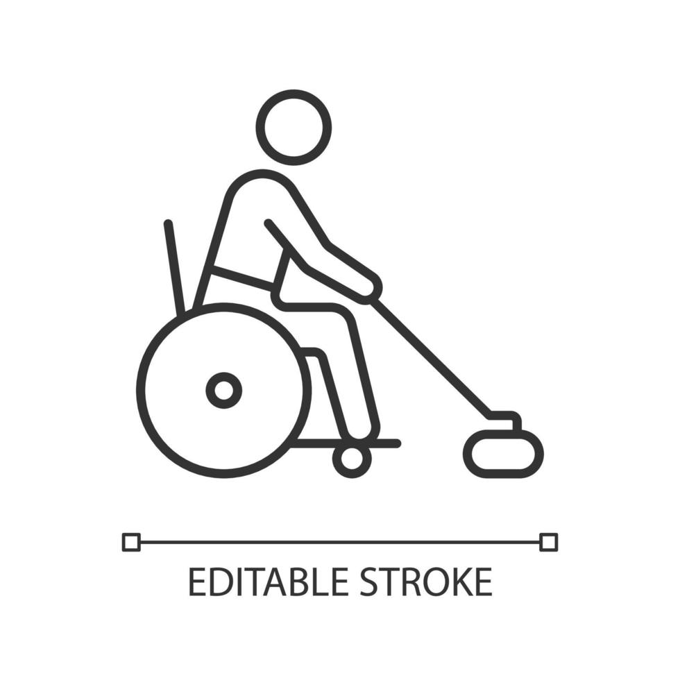 Wheelchair curling linear icon. Adaptive sport. Winter game competition. Athlete with disability. Thin line customizable illustration. Contour symbol. Vector isolated outline drawing. Editable stroke