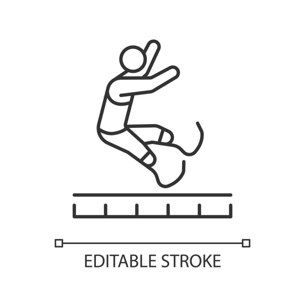 Long jump linear icon. Jumping for distance sport. Horizontal jump. Sportsman with prosthesis. Thin line customizable illustration. Contour symbol. Vector isolated outline drawing. Editable stroke